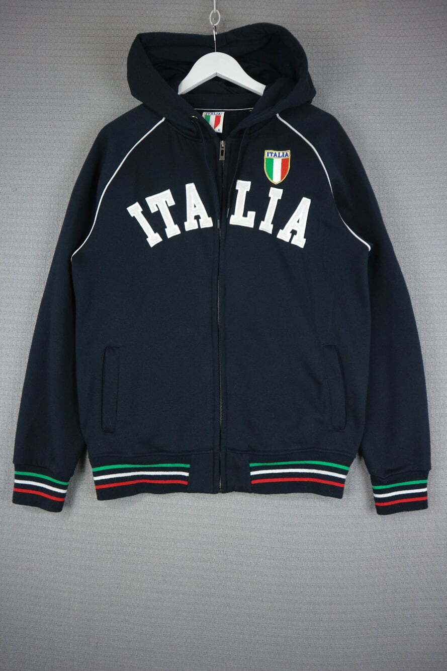 Italia Embroidered Spellout Full Zip Hooded Jacket Navy Flag Trim XL Y2K